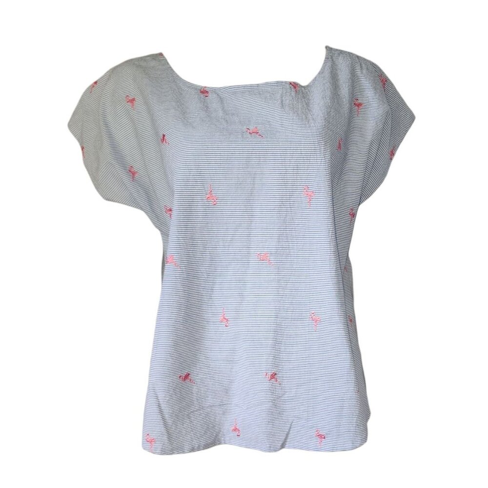 Flamingo Womens Plus Size 2X Blue White Striped Pink Birds Short Sleeve Pullover